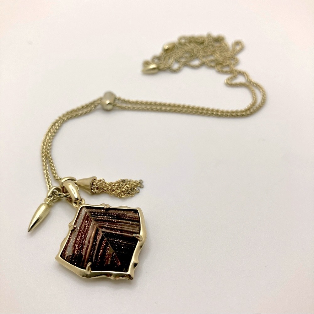 Kendra Scott Long Gold Necklace with Rutile Quartz Leaf Pendant